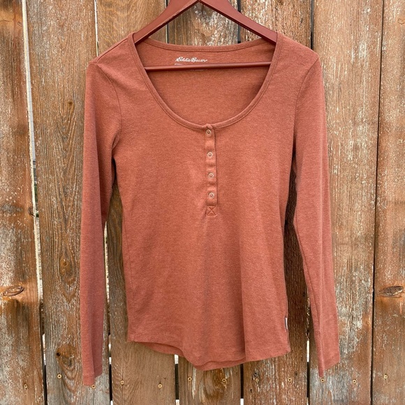 EDDIE BAUER Women’s Rust Brown Henley Round Neck Long Sleeve T Shirt Size Medium - Picture 1 of 11